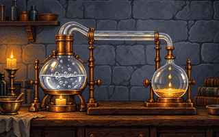 The athanor: a still with a vessel on the left and a receiving flask on the right.